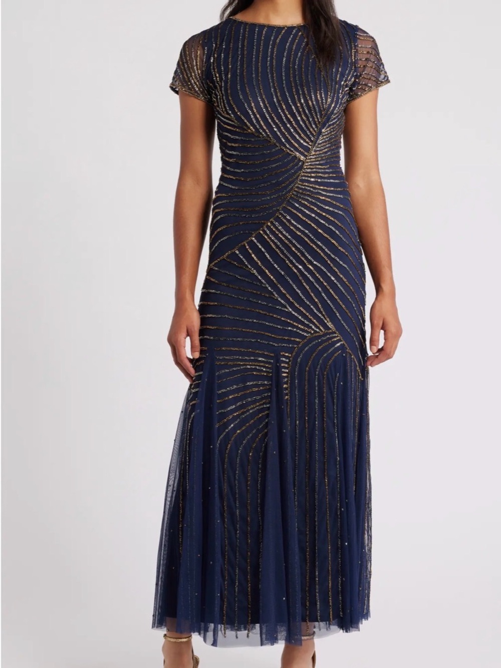Pisarro Nights Navy Blue Maxi Gown with Gold Beading